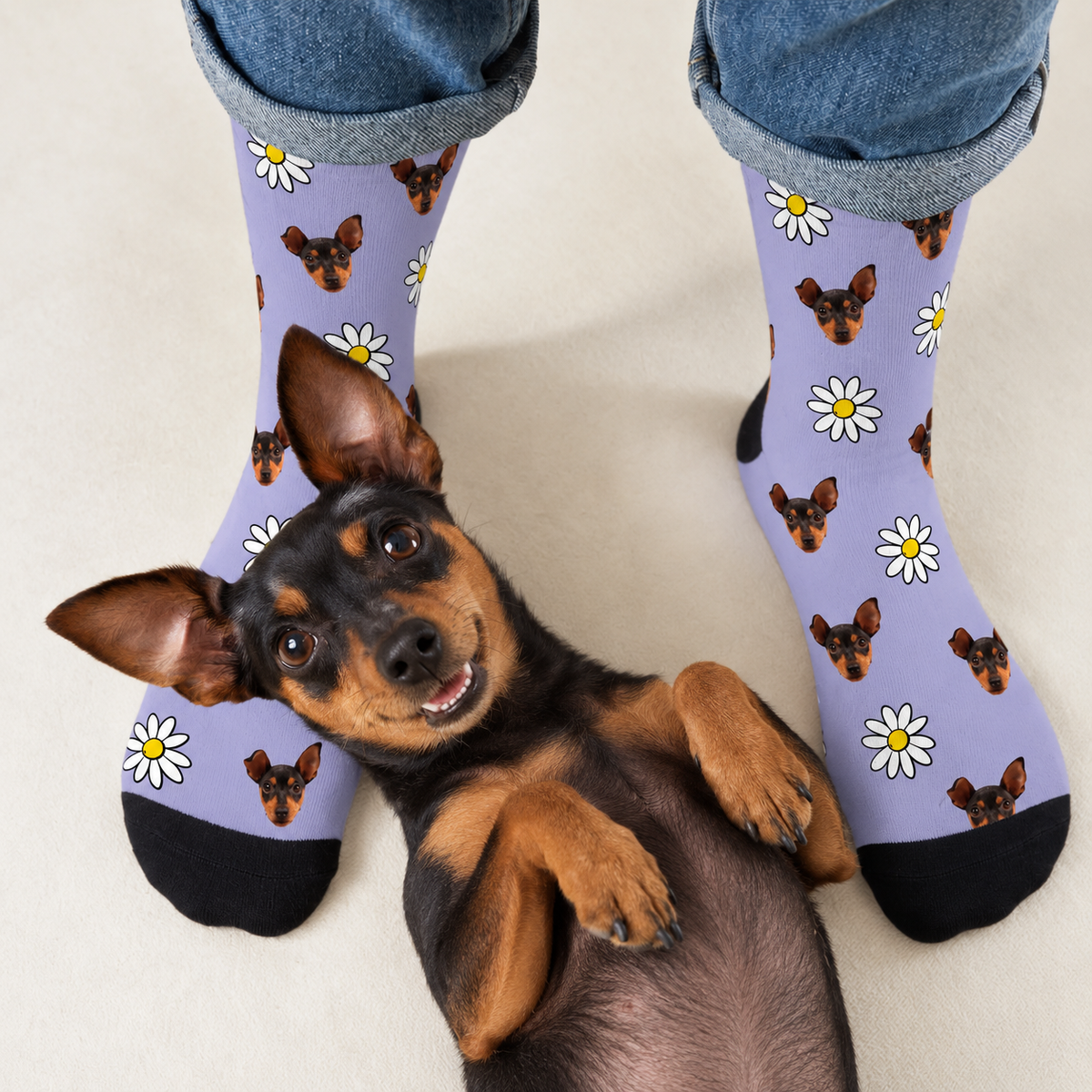 Calzini personalizzati con fantasia fotografica su sfondo lilla, con un cane sorridente a terra.