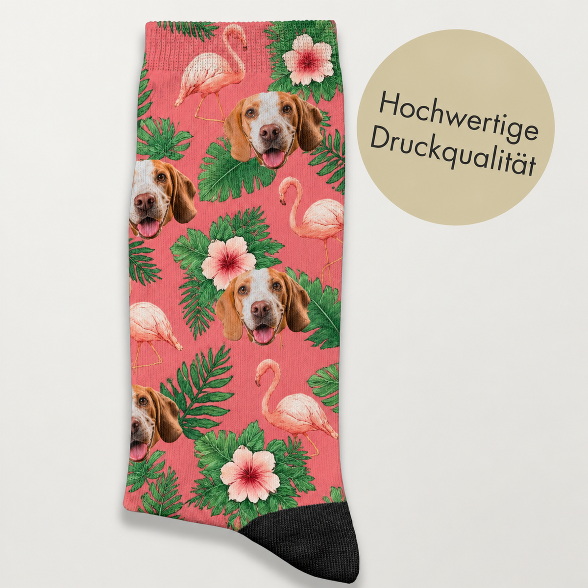 Calzini corallo con musetti di cani, fenicotteri e piante tropicali. Stampa di alta qualità.