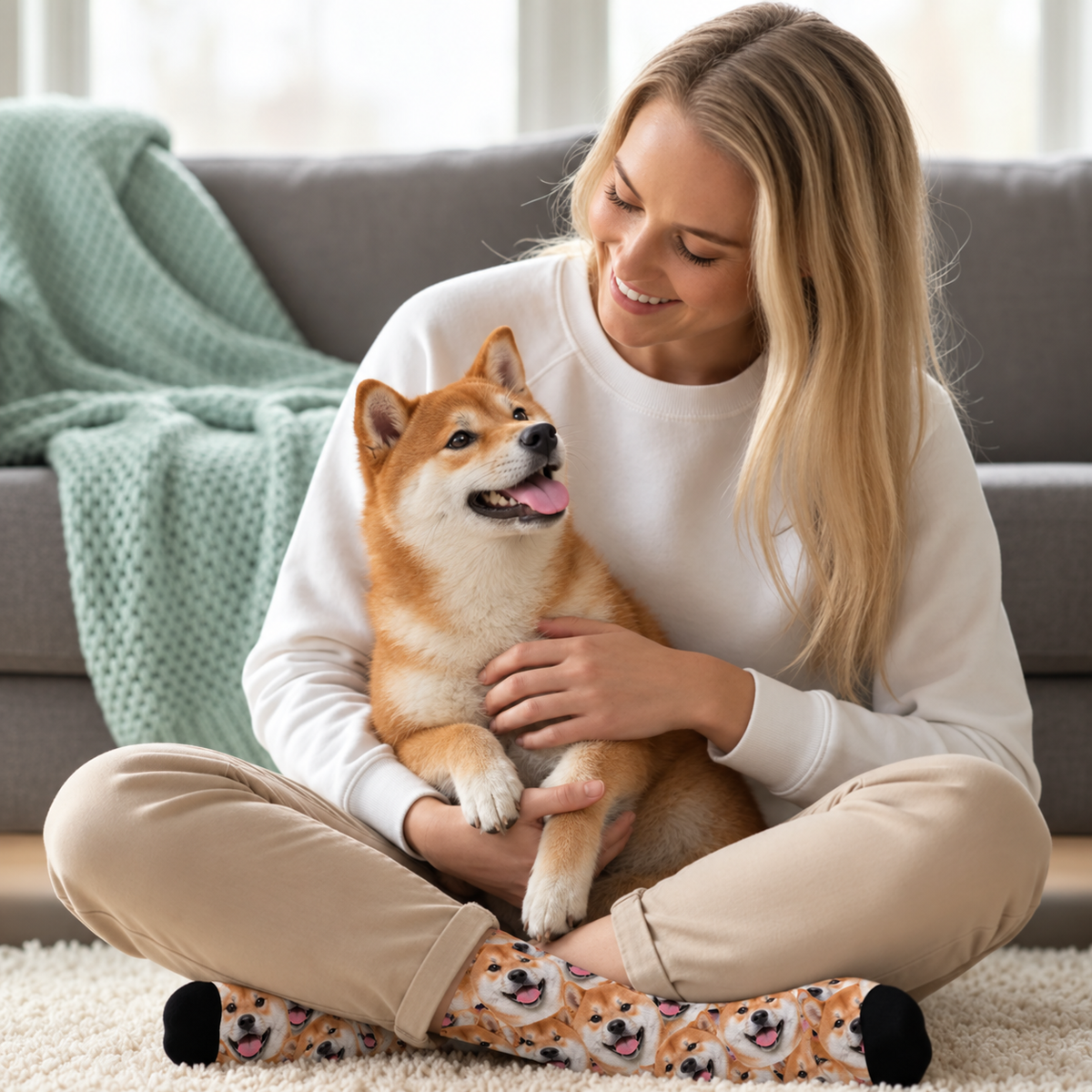 Calzini personalizzati con fantasia fotografica vivace, raffigurazione dettagliata di uno shiba inu.