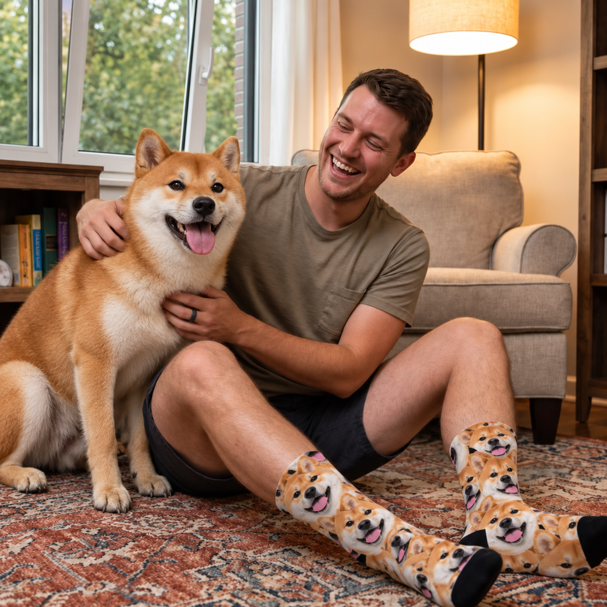 Calzini personalizzati con fantasia fotografica di shiba inu, colorati e in materiale di alta qualità.