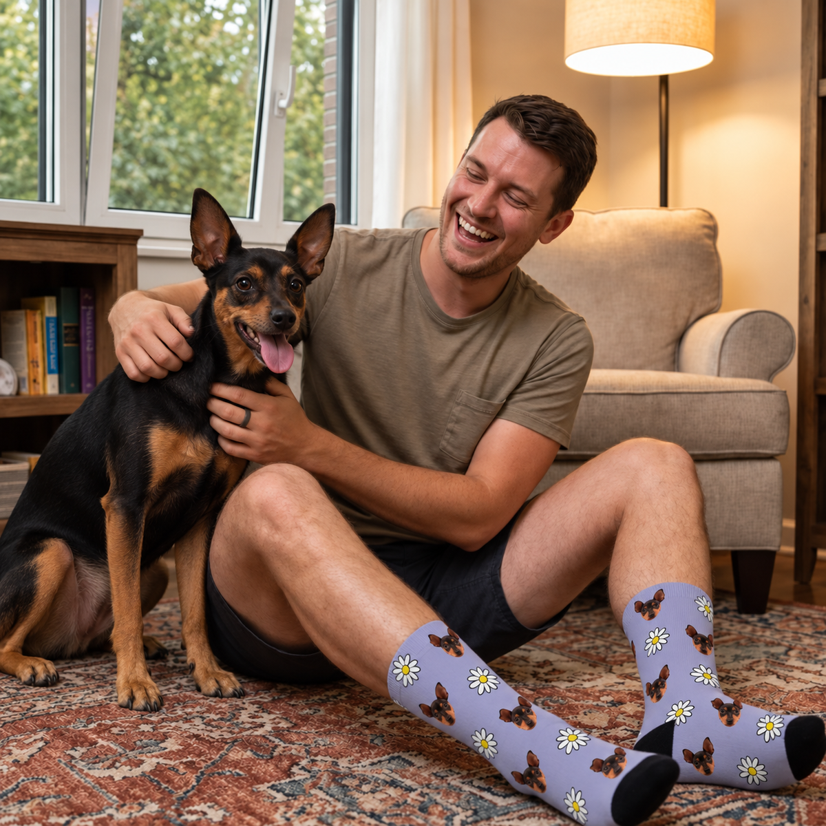 Calzini personalizzati lilla con fantasia di fiori e cani, indossati da una persona con un cane, vista laterale.