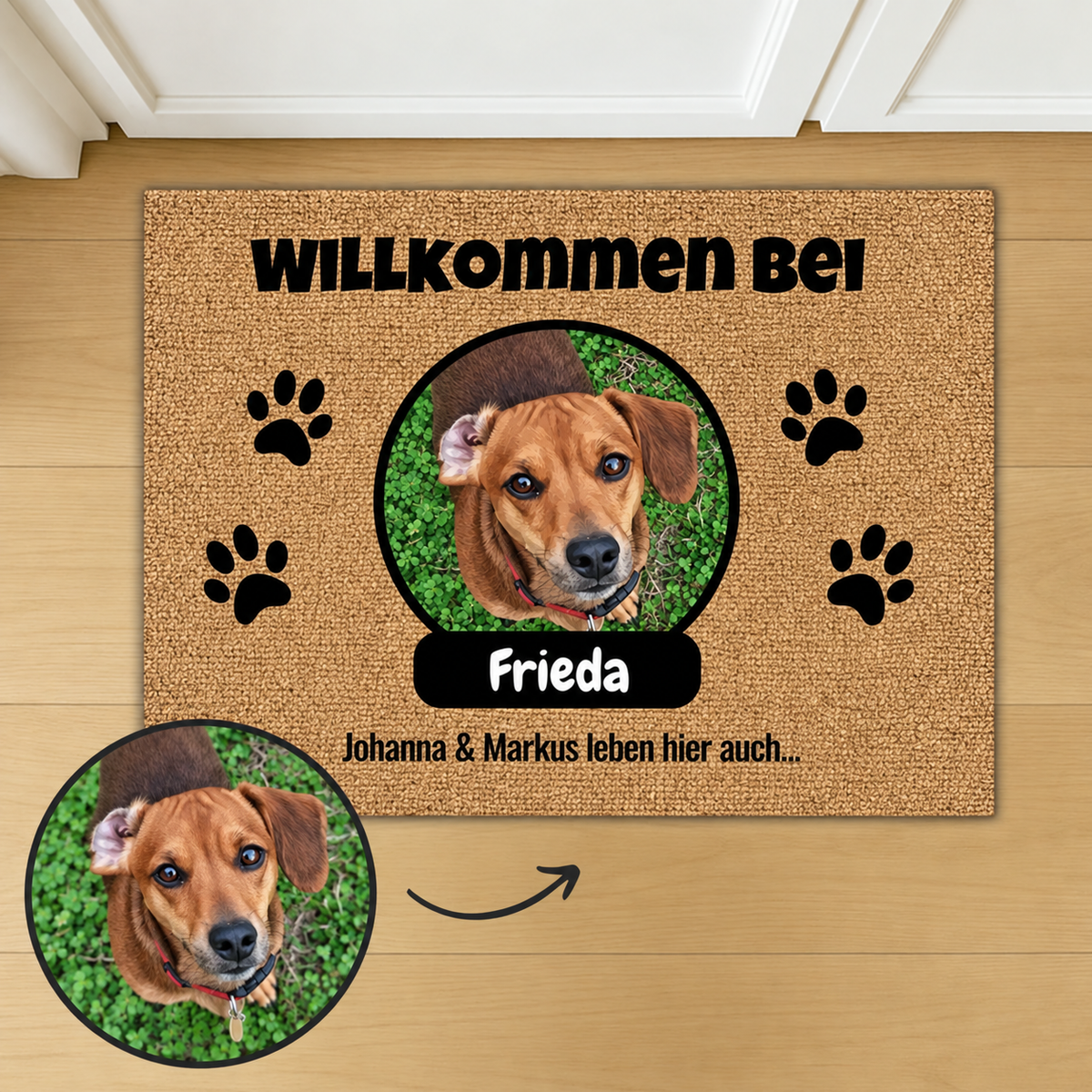 Zerbino in cocco personalizzato con il nome Frieda e foto di cani. Marrone, cornice ovale.
