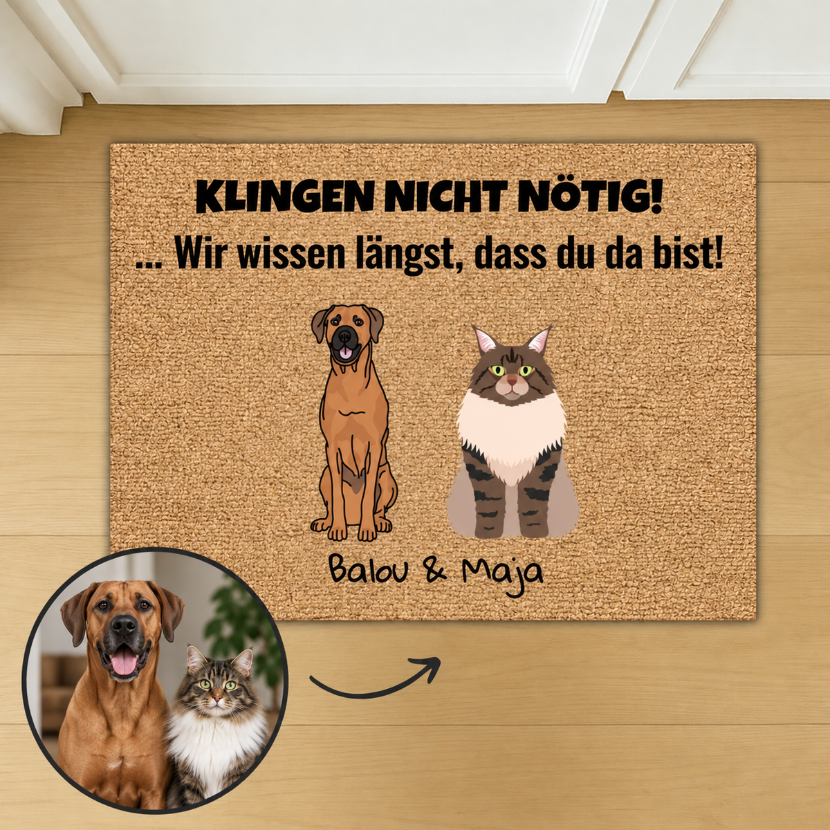 Zerbino in cocco personalizzato con disegni di cane e gatto, scritta: "Klingeln nicht nötig!"