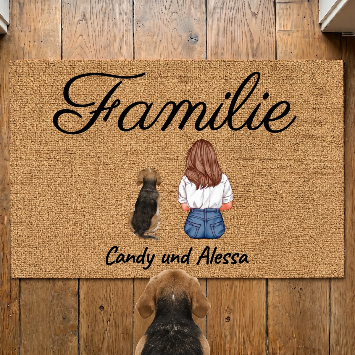 Zerbino personalizzato in materiale naturale con la parola "Familie" e i nomi Candy e Alessa.