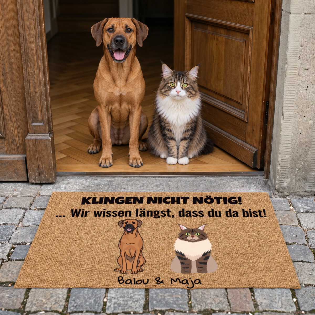 Zerbino personalizzato stampato, marrone, con un cane e un gatto.