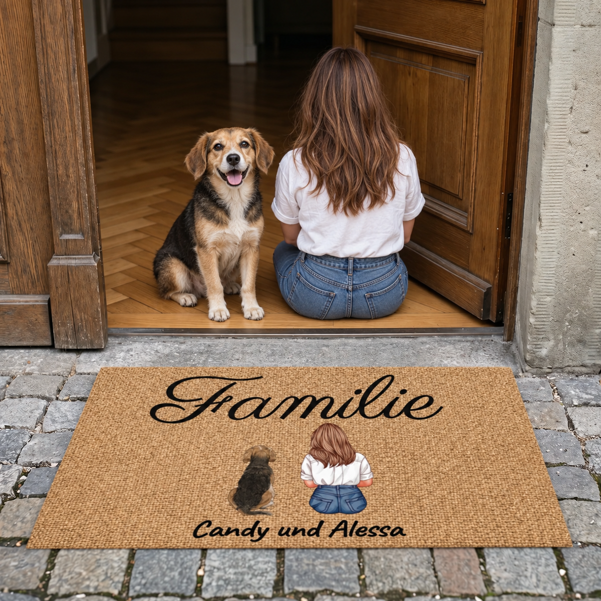 Zerbino personalizzato con la parola "Familie" e un disegno di una persona con un cane in marrone.