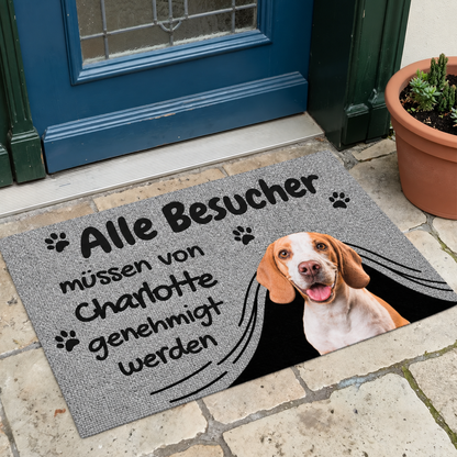 Zerbino grigio personalizzato con motivo di cane e testo sull'autorizzazione delle visite.