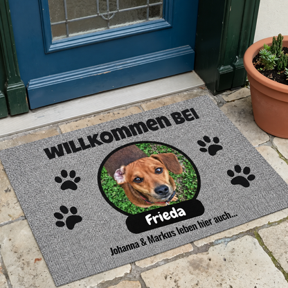 Zerbino grigio personalizzato con foto e targhetta nome, motivo di cane e impronte.