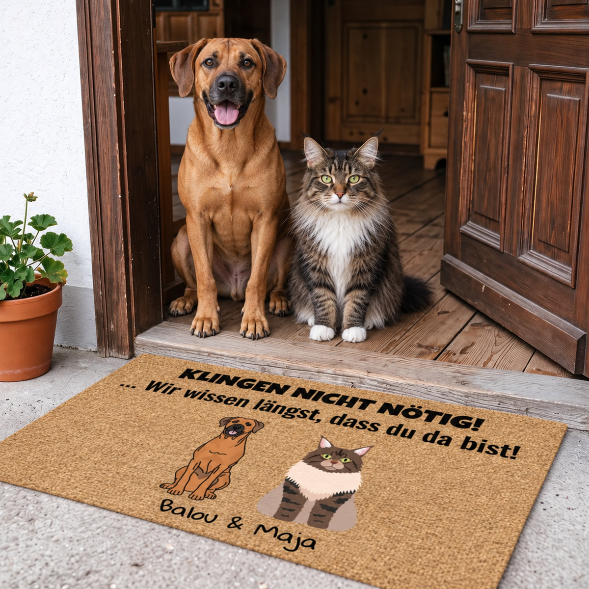 Zerbino con grafica colorata di un cane e un gatto, beige con scritta nera.