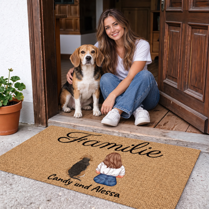 Zerbino personalizzato con la parola "Familie" e illustrazioni di due persone e un cane.