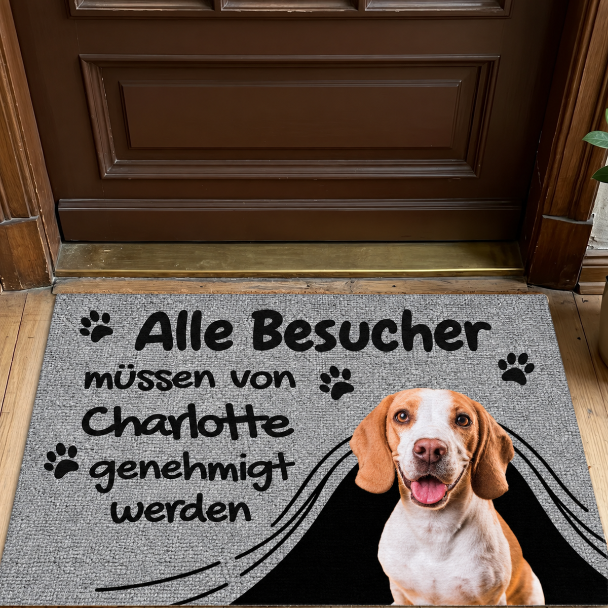 Zerbino grigio personalizzato con testo e foto di cane.