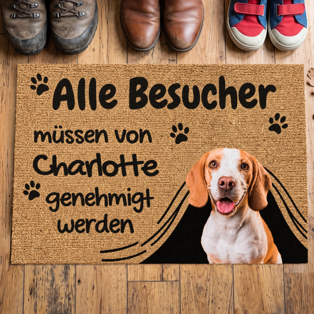Zerbino in fibre naturali personalizzato con stampa e motivo di cane. Colore: marrone, scritta nera.