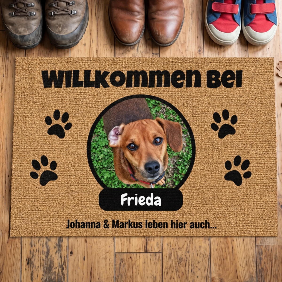 Zerbino in juta personalizzato con foto di cane e nome, marrone con scritta nera e impronte.