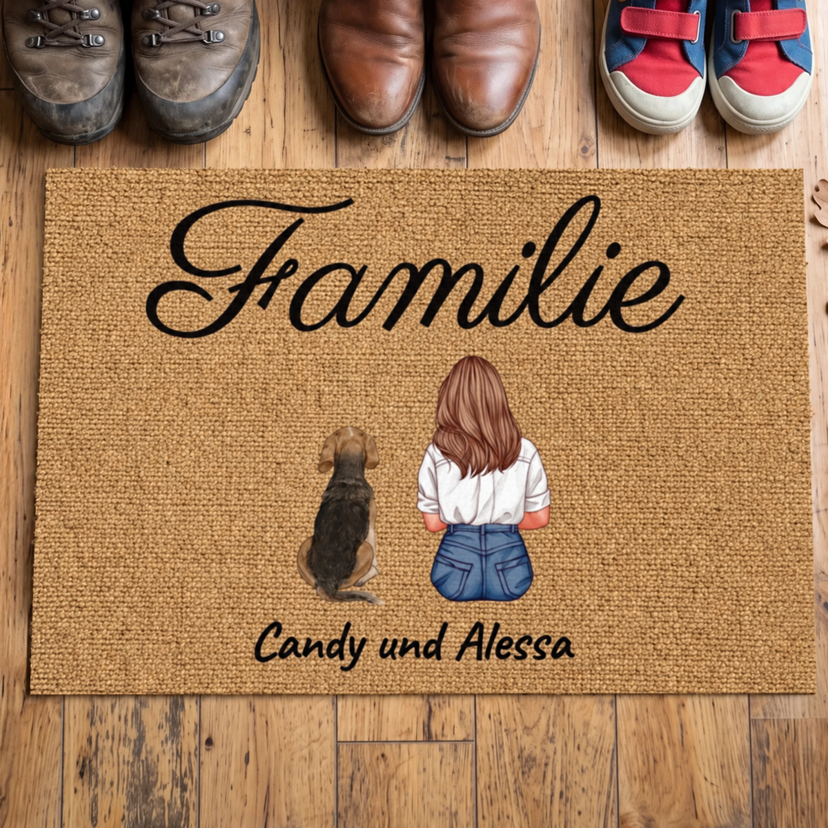 Zerbino in juta personalizzato con la parola Familie e un'illustrazione di una donna e un cane.