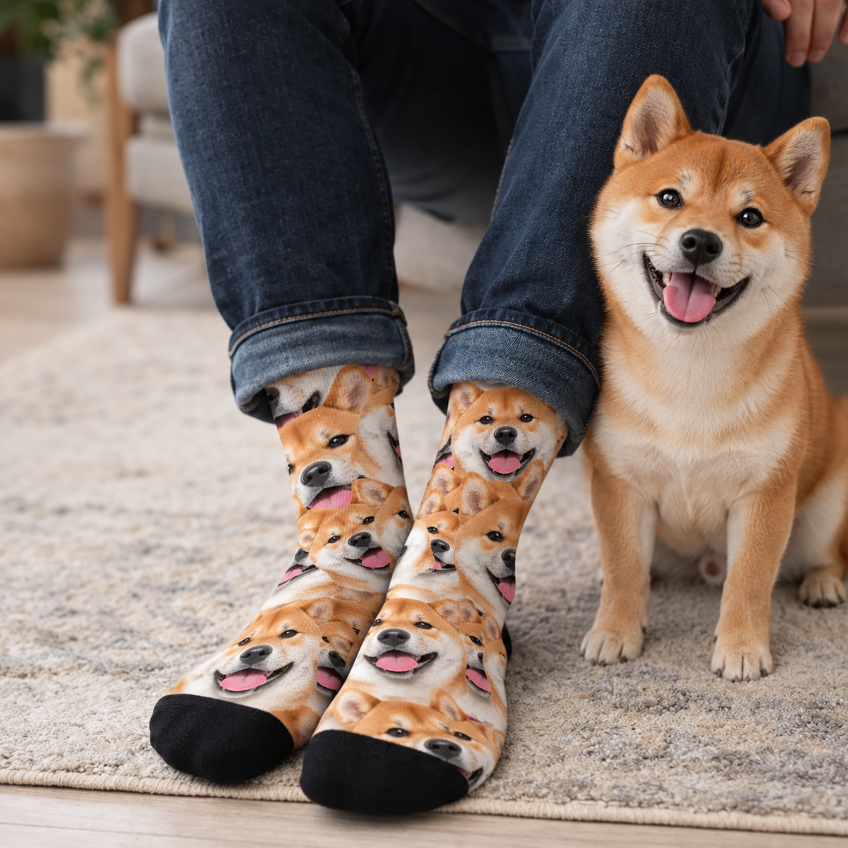 Calzini personalizzati con vivace fantasia fotografica di shiba inu in colori brillanti, indossati da una persona.