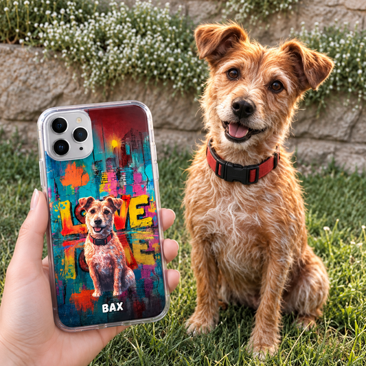 Cover in plastica personalizzata con colorato design street art e motivo di cane.