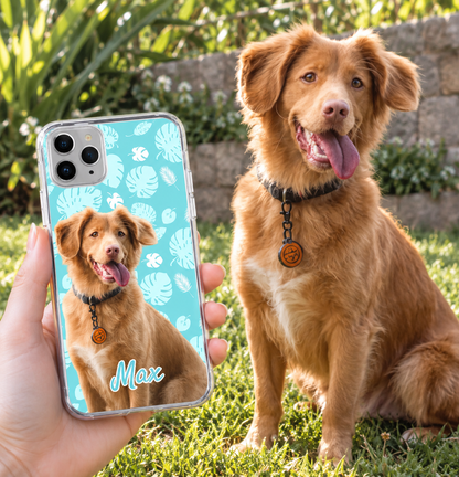 Cover trasparente personalizzata con foto di cane e disegno di piante azzurro.