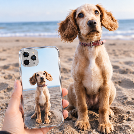 Cover trasparente personalizzata con foto di un cane, tenuta in spiaggia.
