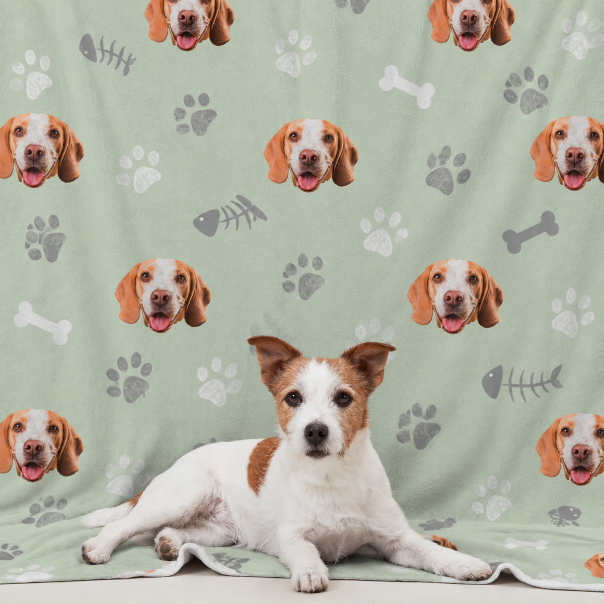 Coperta per animali con sfondo verde e motivi di cani, un animale dal pelo chiaro sdraiato davanti.