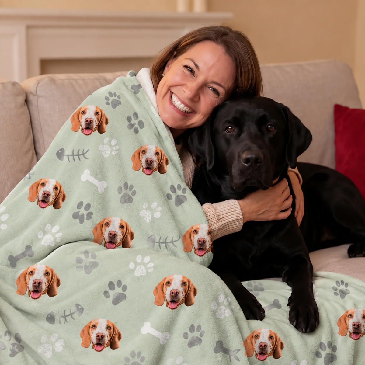 Coperta per animali verde menta personalizzata con motivi di cani, donna che abbraccia un cane nero su un divano.