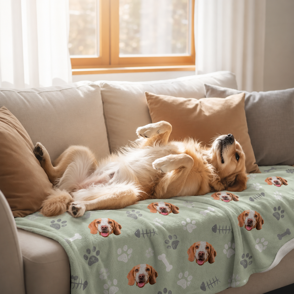 Coperta per animali verde personalizzata con motivo di cane su un divano con cuscini, un cane rilassato sopra.