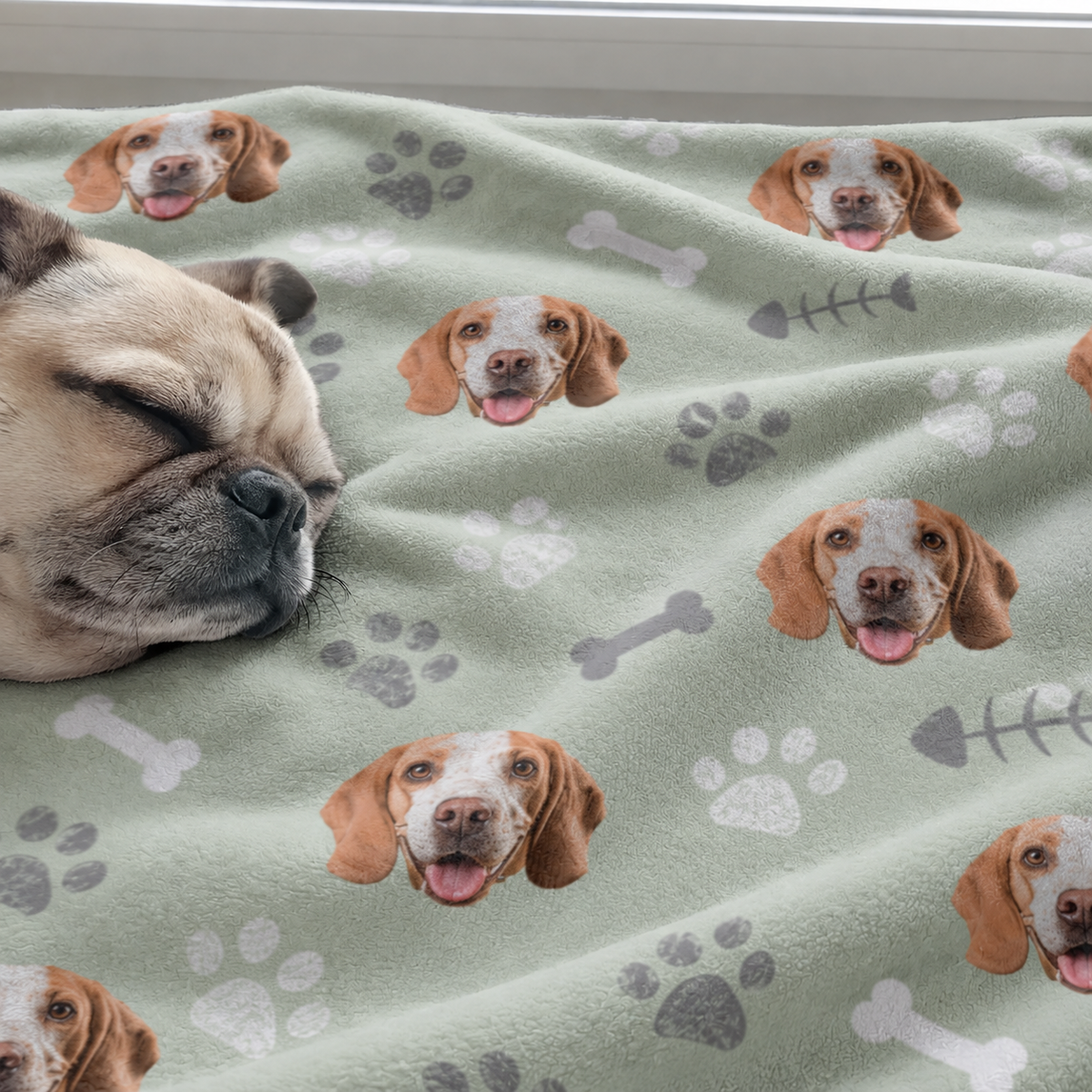Coperta per animali verde personalizzata con motivi di cani e impronte, morbida e avvolgente.