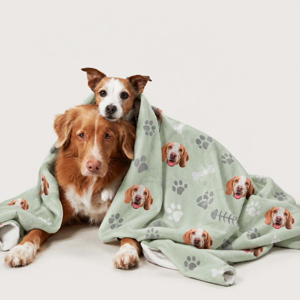 Coperta per animali verde menta con motivi di cani, due cani accoccolati dentro.