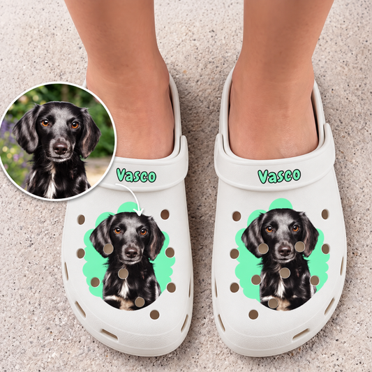 Zoccoli bianchi personalizzati con ritratto di un cane e il nome "Vasco".