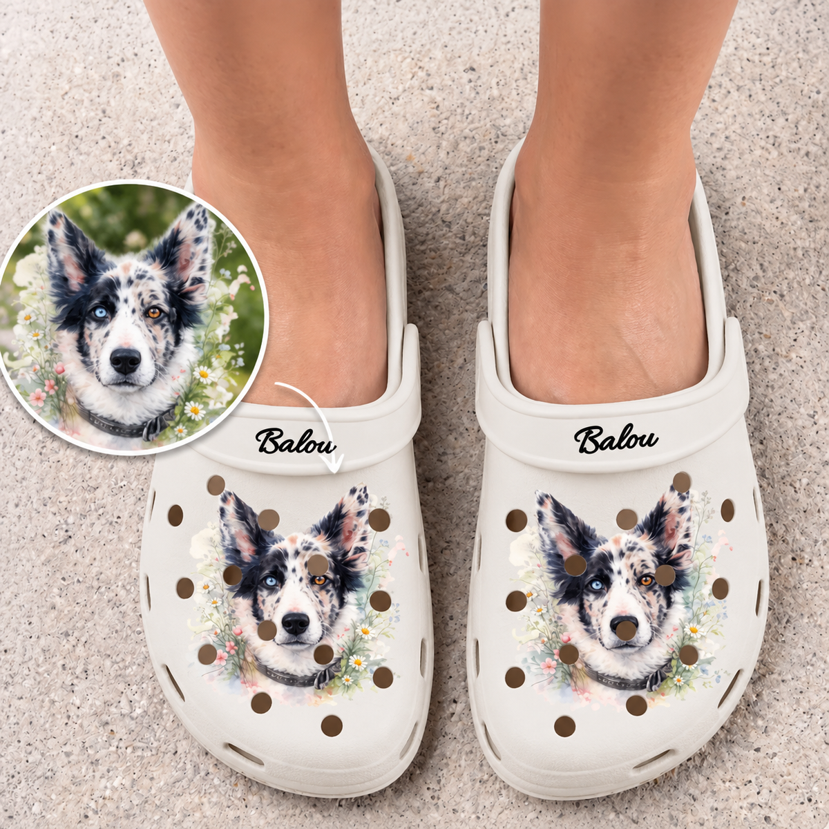 Zoccoli color crema personalizzati con stampa ad acquerello di un cane e il nome "Balou".