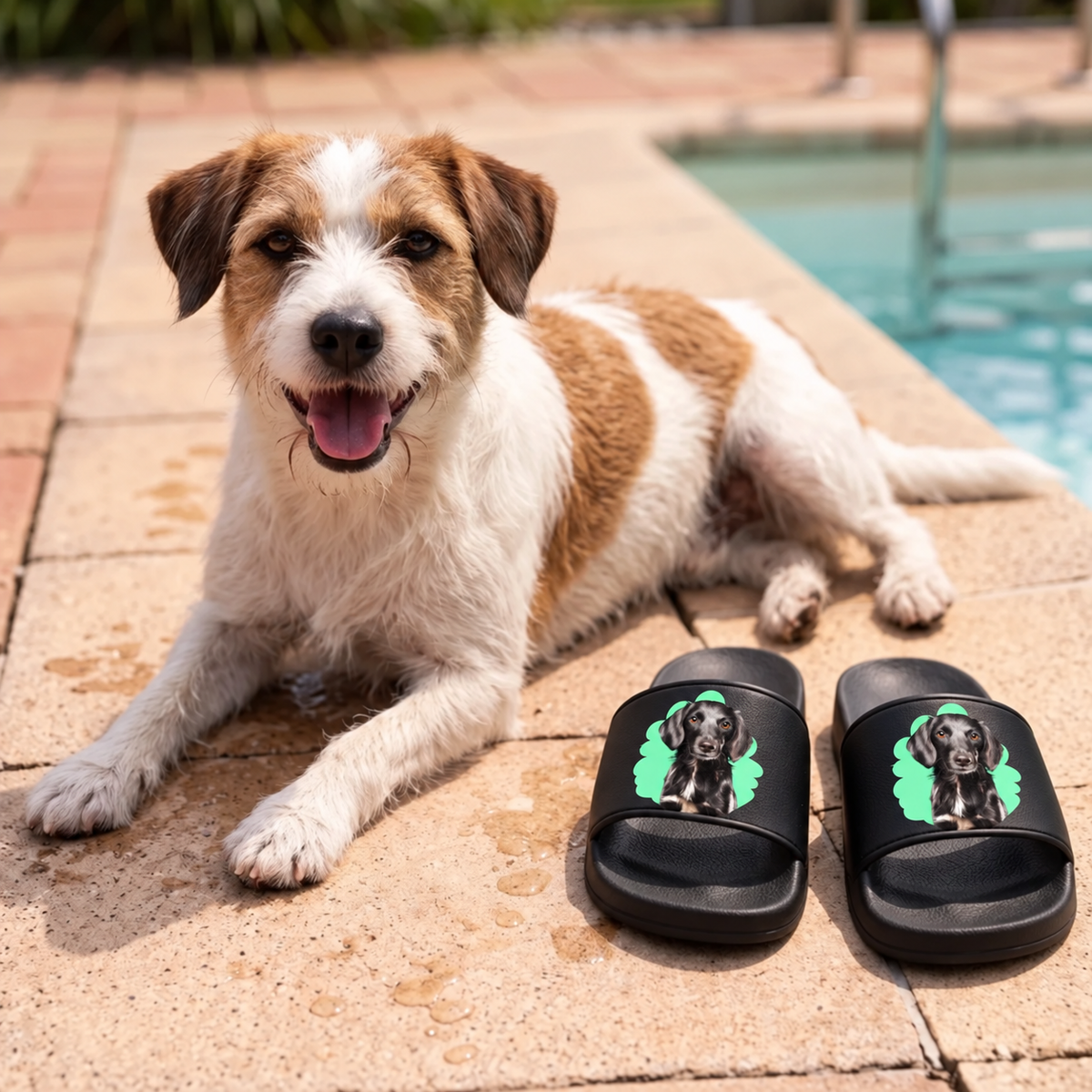 Ciabatte nere personalizzate con ritratto dell'animale, accanto a un cane a bordo piscina.