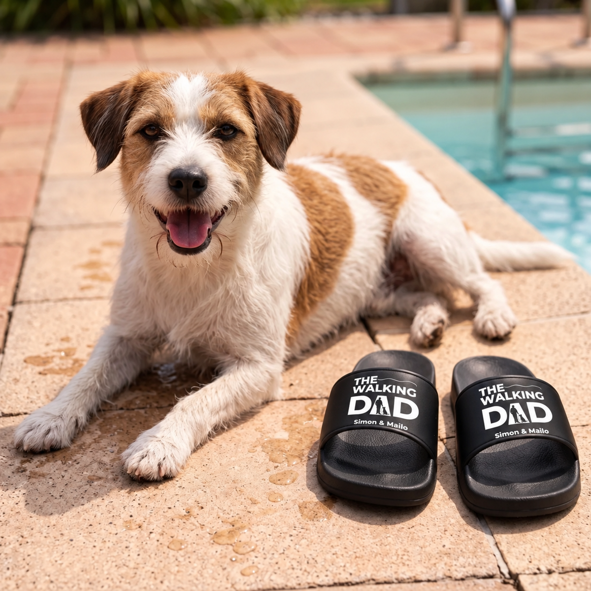 Ciabatte nere personalizzate con stampa "THE WALKING DAD" accanto a un cane a bordo piscina.