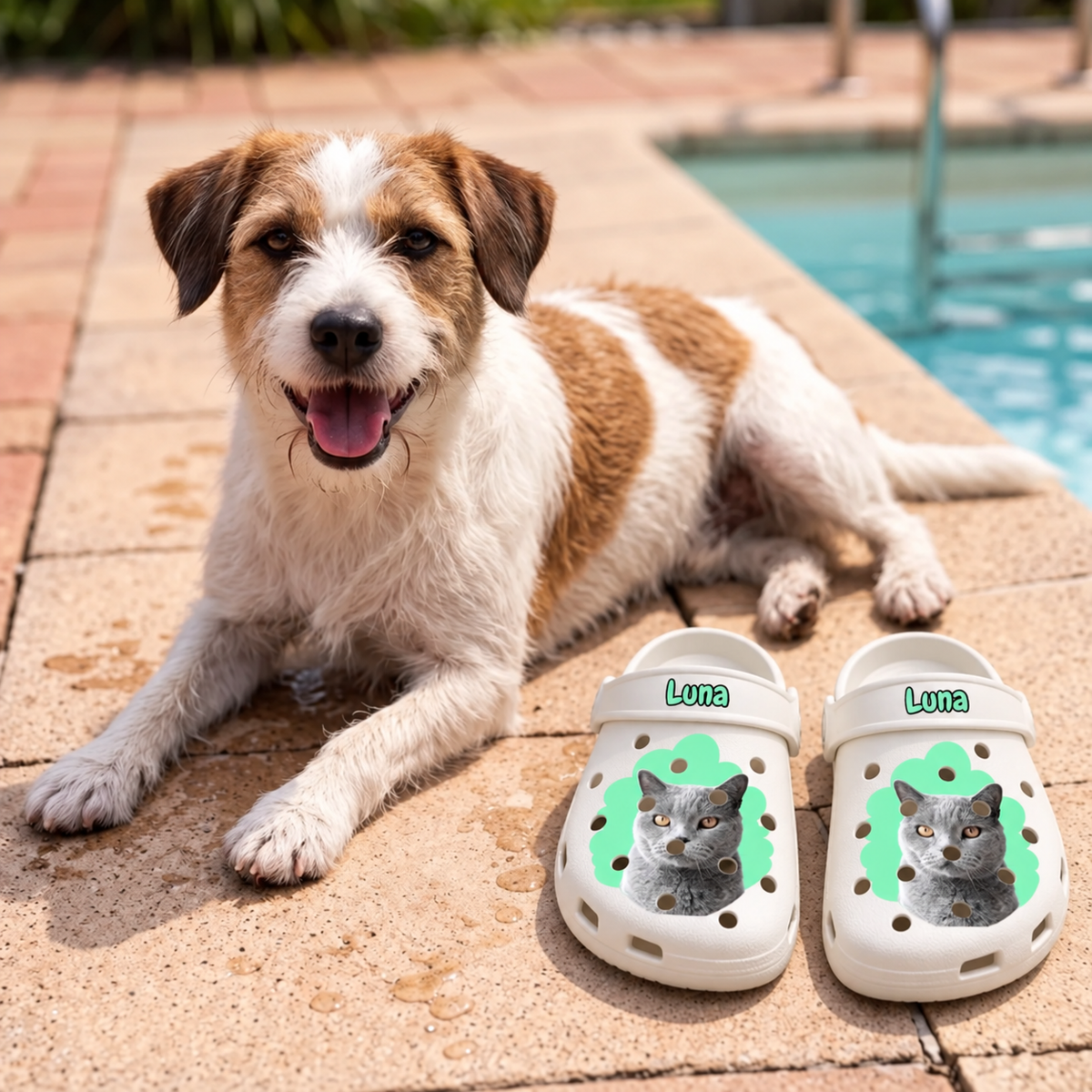 Zoccoli personalizzati con ritratto di gatto grigio e verde accanto a un cane a bordo piscina.