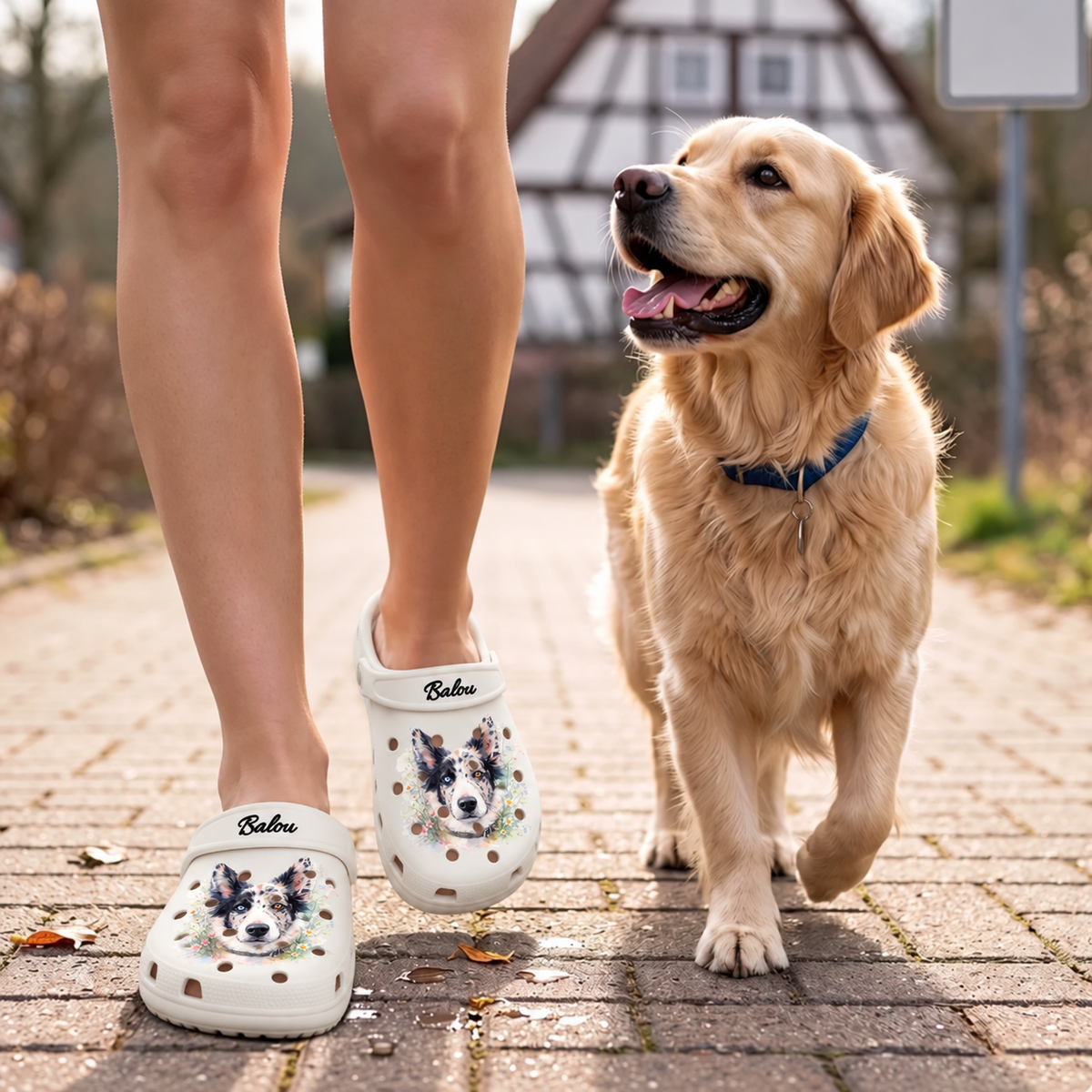 Persona che indossa zoccoli personalizzati color acquerello con motivi di animali durante una passeggiata con un cane.