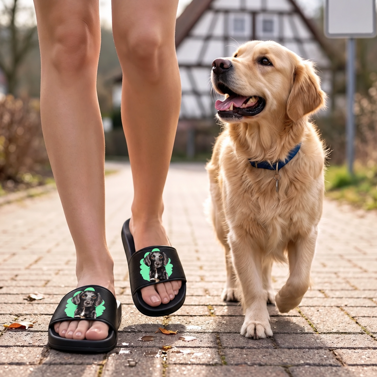 Ciabatte nere personalizzate con ritratto dell'animale, indossate durante una passeggiata con il cane.