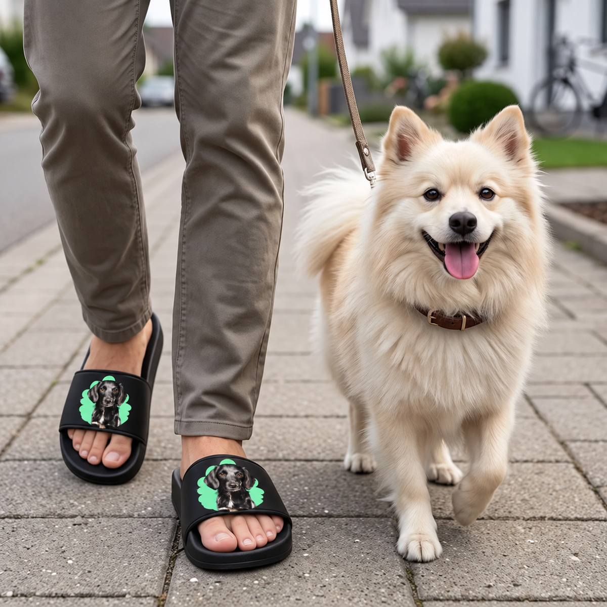 Ciabatte nere con ritratto dell'animale e bordo verde, indossate da una persona che porta a spasso un cane.