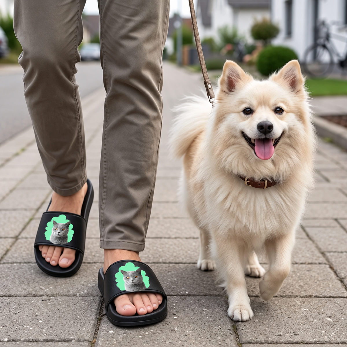 Ciabatte nere personalizzate con ritratto di gatto, indossate da una persona a passeggio con un cane.