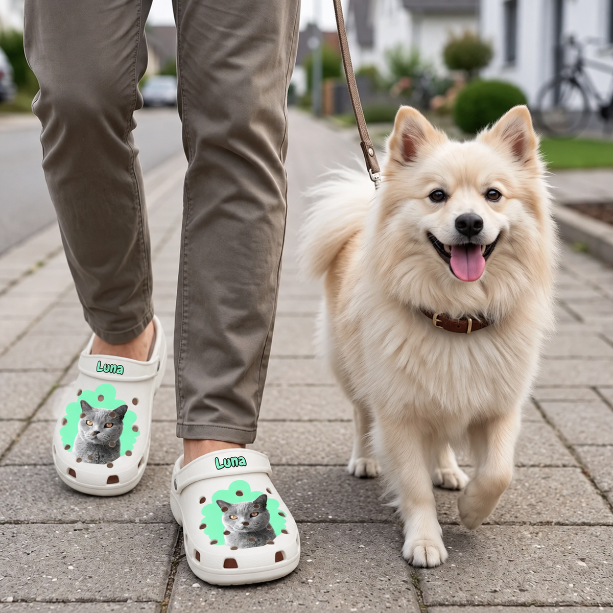 Zoccoli beige chiaro personalizzati con ritratto di gatto, indossati da una persona con un cane per strada.