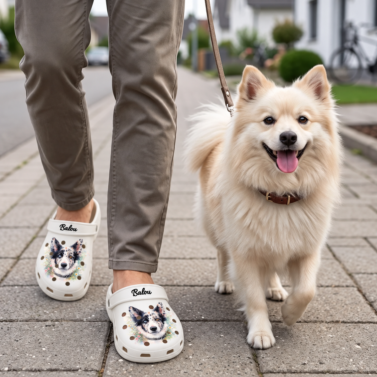 Zoccoli bianchi personalizzati con stampa ad acquerello di un cane, indossati da una persona con un cane per strada.