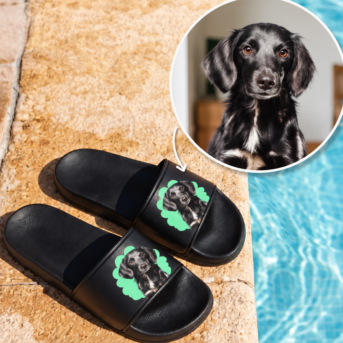 Ciabatte nere con ritratto dell'animale verde sul cinturino. Ideali per gli amanti degli animali.