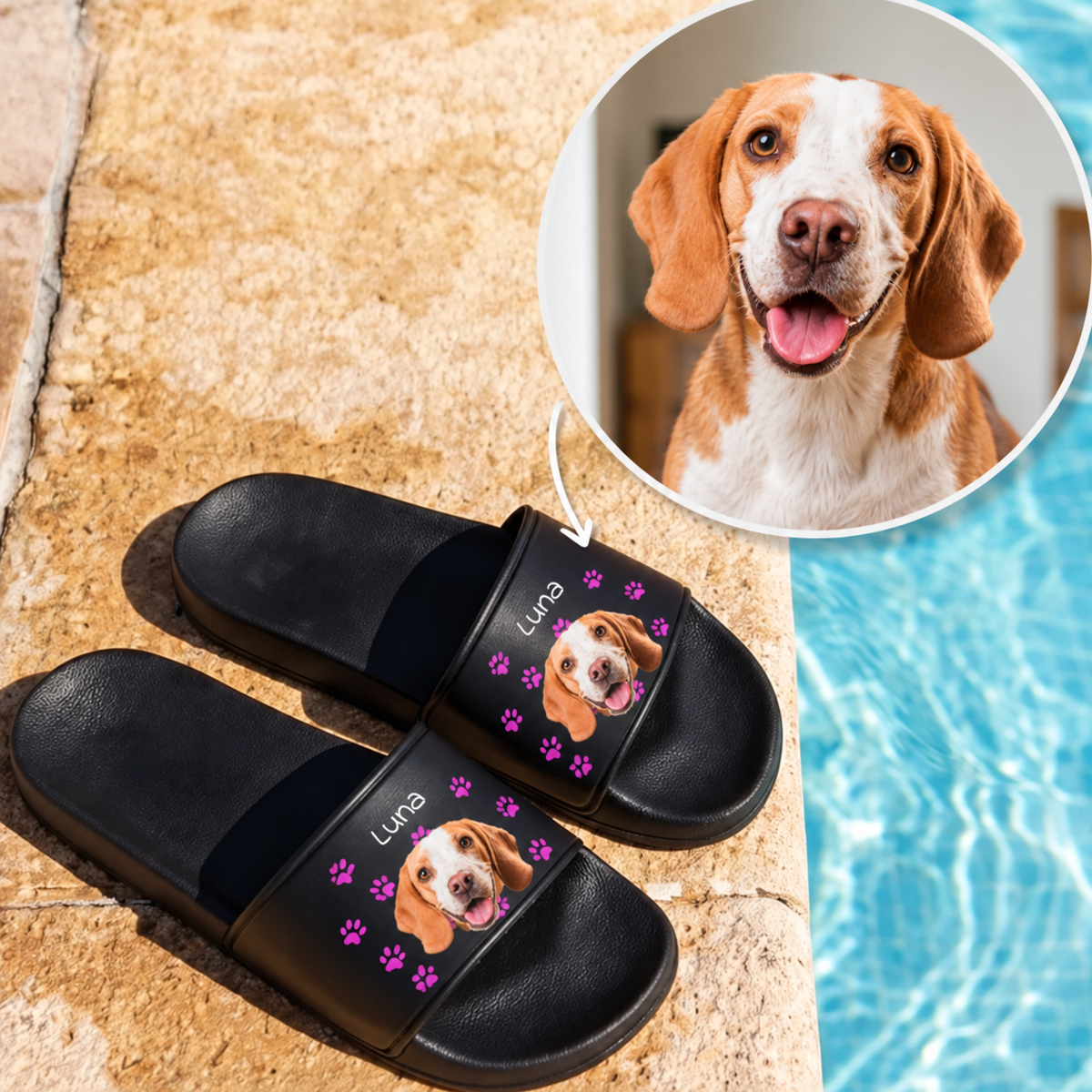 Ciabatte nere con illustrazione fotografica personalizzata di un cane e nome.