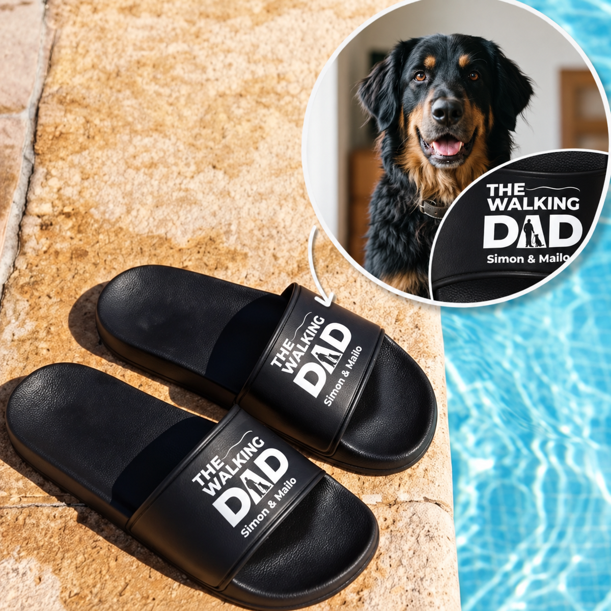 Ciabatte nere con stampa "THE WALKING DAD" e nomi personalizzati.
