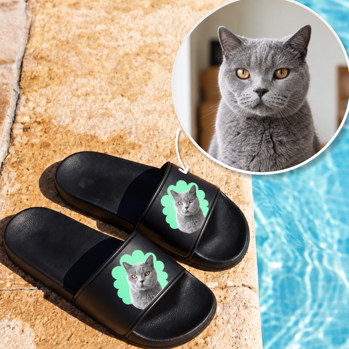 Ciabatte nere con ritratto di gatto personalizzato sul cinturino.