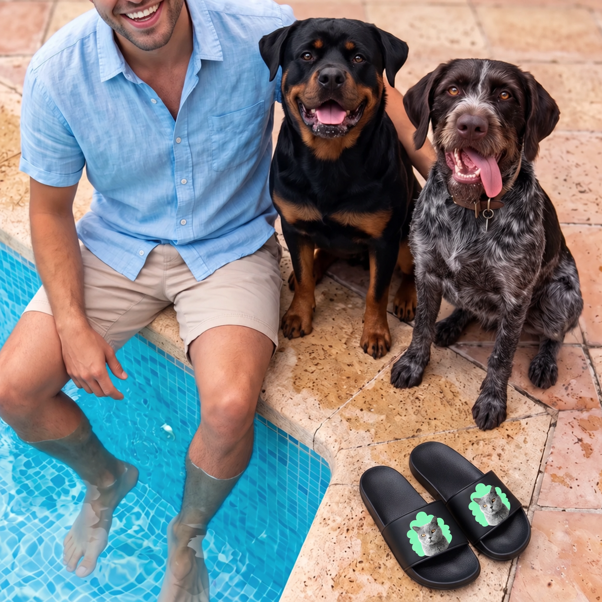 Ciabatte nere personalizzate con ritratto di un gatto, accanto un uomo seduto con due cani.