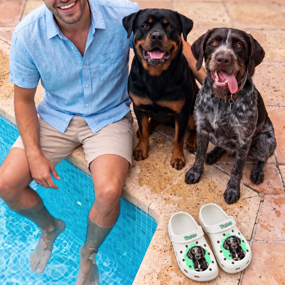 Persona seduta accanto a due cani a bordo piscina, zoccoli bianchi personalizzati con ritratto dell'animale accanto.