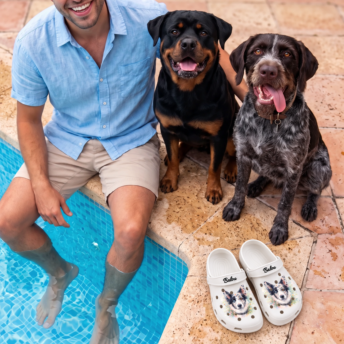 Zoccoli bianchi personalizzati con design ad acquerello, accanto a un uomo e due cani a bordo piscina.