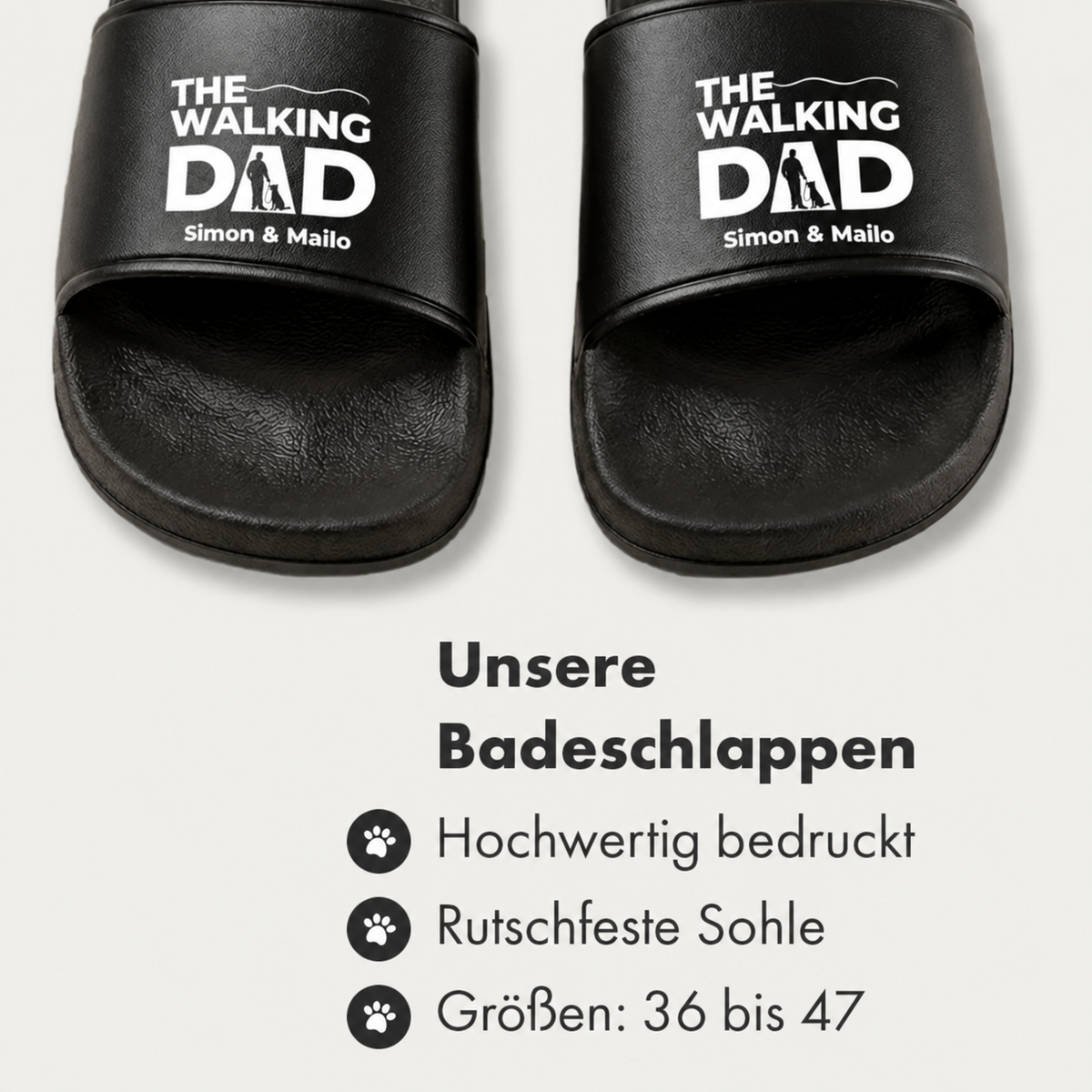 Ciabatte nere con stampa "The Walking Dad" e nomi personalizzati. Suola antiscivolo.