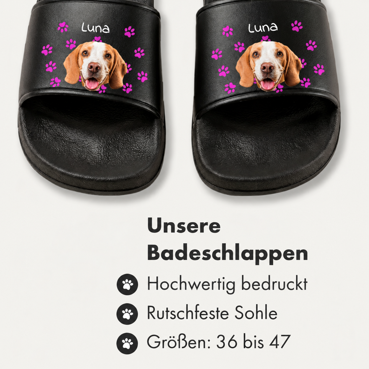Ciabatte nere con stampa personalizzata del muso di un cane e impronte di zampe.