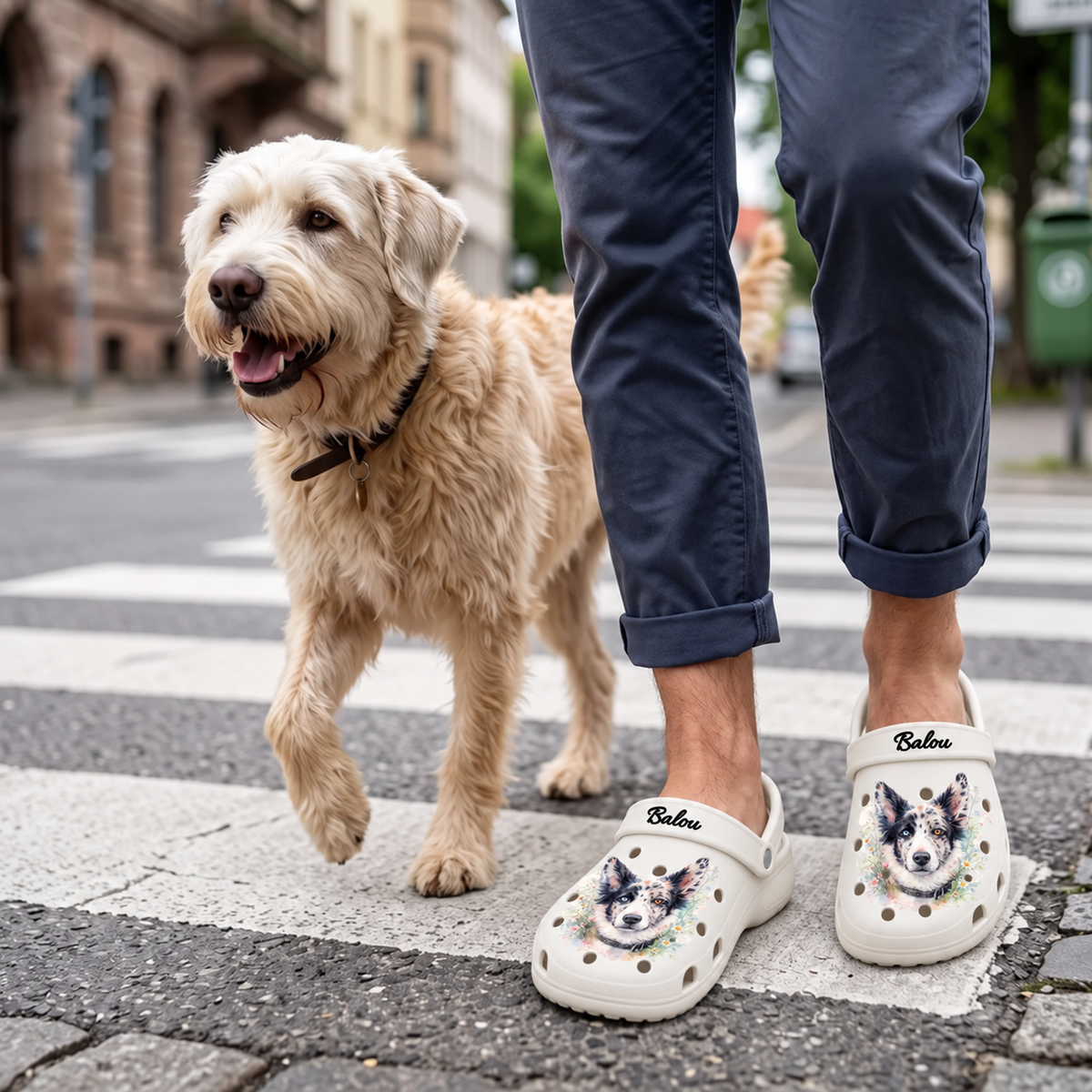 Persona che indossa zoccoli personalizzati con motivo di cane ad acquerello, a passeggio con un cane.
