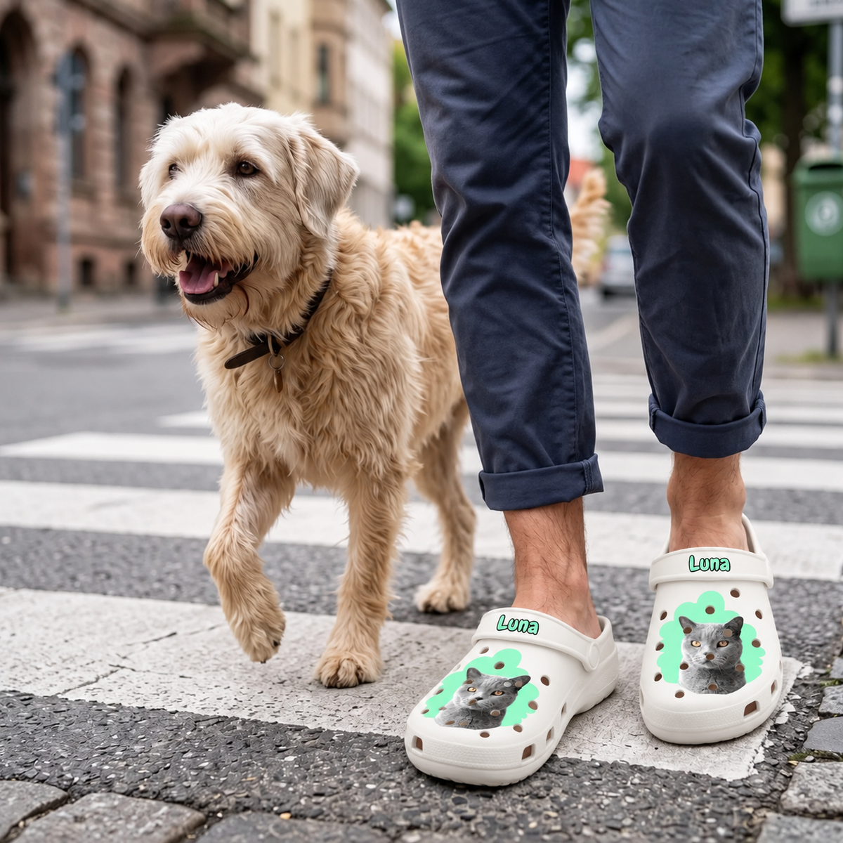Zoccoli bianchi personalizzati con ritratto di gatto e il nome "Luna", indossati da una persona con un cane per strada.