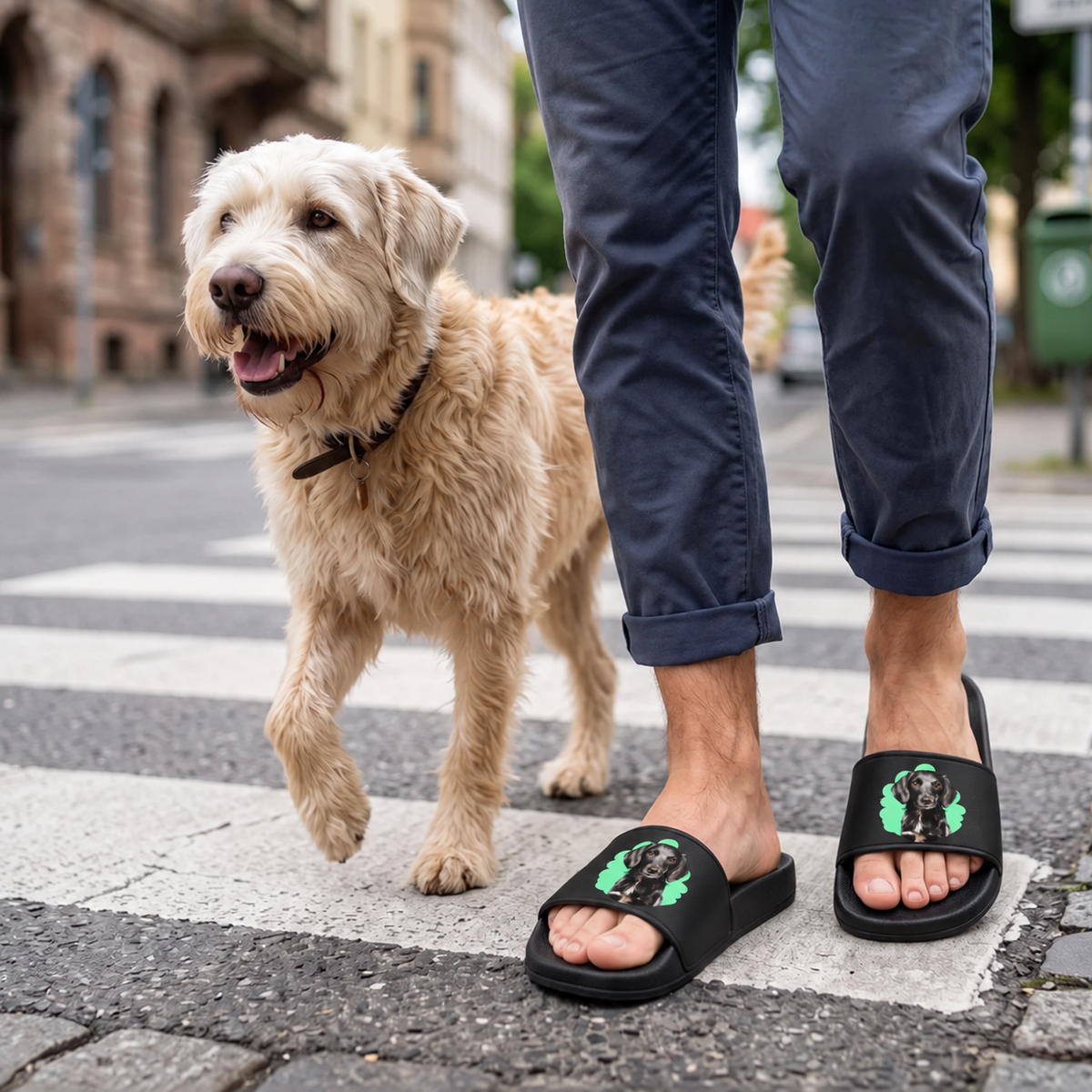 Ciabatte nere personalizzate con ritratto dell'animale, indossate da una persona sulle strisce pedonali, cane accanto.